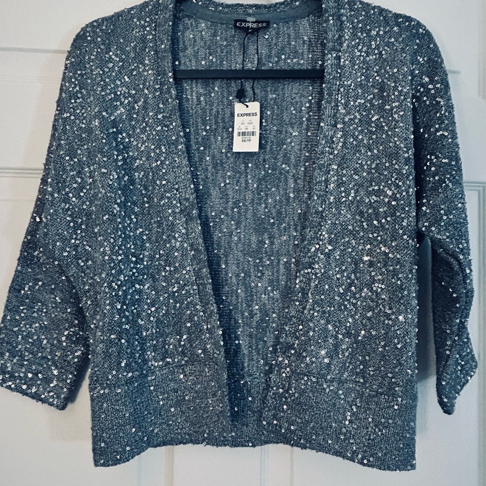 NWT Vintage Express Sparkling Gray Silver Open front Cardigan XS Sequins Y2k